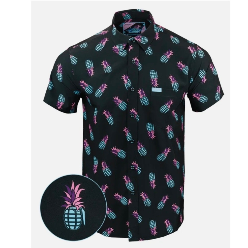 Retro Rifle Shirt Mens Medium Black Pinkiller Pineapple Grenade Short Sleeve